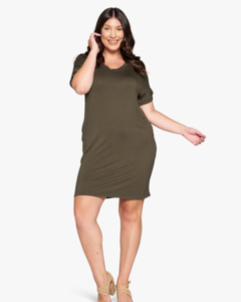 Front of a model wearing a size 1X Mia Everyday T-Shirt Dress in Olive by L I V D. | dia_product_style_image_id:240979